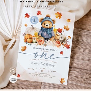 Editable Fall Bear 1st First Birthday Party Beary Sweet Bear Birthday Invitation Invite Invites Digital Printable Instant Download 435K1 (1)