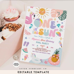 Editable ONE in the Sun 1st Birthday Pool Party Invitation Girly Summer Swimming Pool Splash Pad Party Invite Digital Template 329K1 (1)
