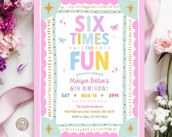 Whimsical Frame Hand-Drawn Vintage Girl Six Times The Fun 6th Birthday Photo Invitation Invite Template 873K2 (6-2)