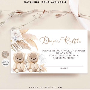 EDITABLE TWINS Pampas Grass Boho Teddy Bear Gender Neutral Diaper Raffle Tickets Insert Printable Template Instant Download 400V9