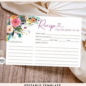 Editable Love is in Bloom Pink Floral Garden Recipe Card Couple Shower Baby Shower Recipe Card Printable Template Instant Download 745BR2