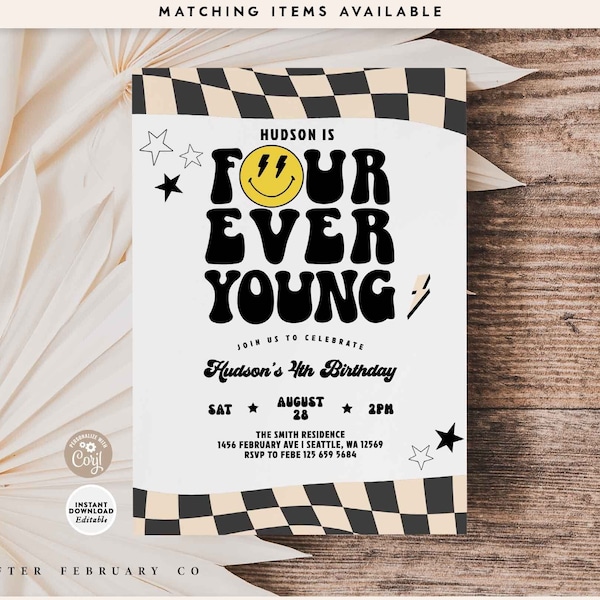 Four Ever Young Boy 4th Birthday Invitation: Groovy Smile Face Invite Template 104K1 (4)