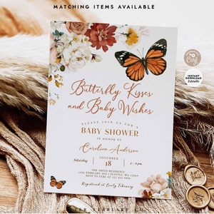 EDITABLE Monarch Butterfly Baby Shower Sprinkle Invitation Garden Wildflower Butterfly Kisses Baby Wishes Invite Instant Download 276V1 1 image 1