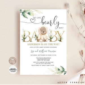 EDITABLE Greenery Boho Bear Baby Shower Invitation Teddy Bear We Can Bearly Wait Bear Invite Printable Template Instant Download 1034V1