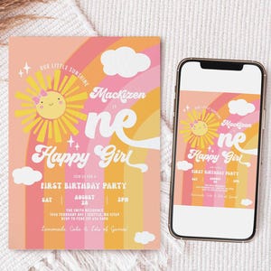Editable Girl Sun One Happy Girl Birthday Invitation Sunshine Summer Rainbow Cloud Girl 1st First Beach Birthday Invite Template 735K1 (3)