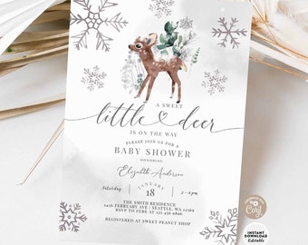 EDITABLE Winter A Little Deer Gender Neutral Baby Shower Invitation Winter Woodland Baby Shower Invite Printable Instant Download 1281V1 (1)