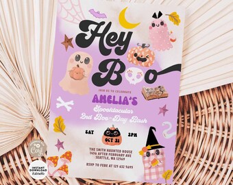 Editable ANY AGES Purple Hey Boo Halloween Birthday Invitation Pumpkin Boo Cute Ghost Birthday Invitation Birthday Invite Printable 1032 (2)