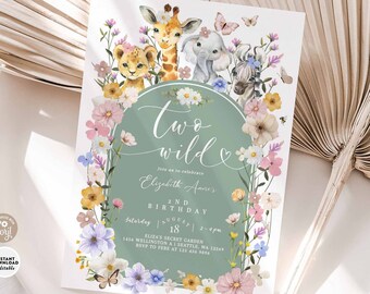 Editable Safari TWO Wild Wildflower 1st Birthday Invitation Giraffe Elephant Jungle First Birthday Invite Printable Template 337K1 (2)