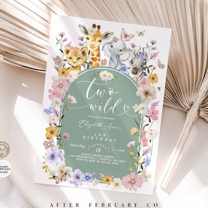 Editable Safari TWO Wild Wildflower 1st Birthday Invitation Giraffe Elephant Jungle First Birthday Invite Printable Template 337K1 (2)