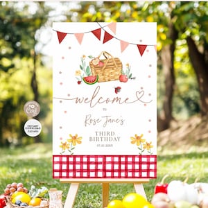 EDITIERBARE Personalisierte Picknick Geburtstag Willkommensschild Rot Gingham Mädchen Park Geburtstag Party Dekor Druckbare Vorlage Sofort-Download 109 (1)