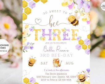 Lavender Purple Sweet to Bee 3rd Birthday Invitation: Bumble Honey Bee Day Invite Template 142K2 (3)