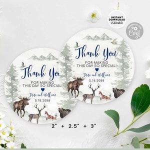 EDITABLE Woodland Forest Animals Folded Thank You Round Tag Sticker Deer Bear Fox Moose Baby Shower Label Printable Instant Download 941V2