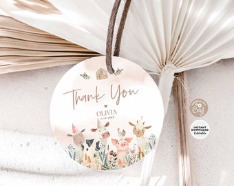 Etiqueta de agradecimiento editable de animales de granja rosa para fiesta: Plantilla imprimible de pegatinas de animales de granja 198K1