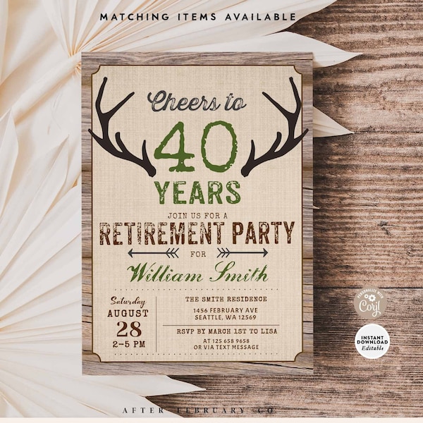 Editable Rustic Retirement Antlers Deer Hunter Retirement Party Retirement Celebration Invitation Printable Template Instant Download 691
