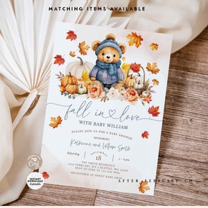 BEWERKBARE Boy Blue Fall Pumpkin Teddy Bear Fall in Love Baby Shower Uitnodiging Pompoen Uitnodigen Afdrukbare Instant Download 435V2 (1)