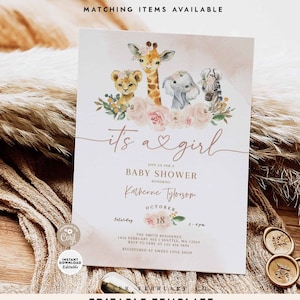 EDITABLE Girl Safari It&#39;s A Girl Baby Shower Invitation African Jungle Baby Shower Invite Printable Template Instant Download 197V2 (1)