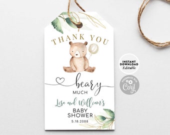 EDITABLE Neutral Greenery Thank You Beary Much Tag Gender Neutral Bear Baby Shower Sprinkle Tag Printable Template Instant Download 1305V1