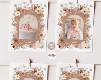 Editable Fall Pumpkin Wildflower Floral Butterfly Birthday Birthday First Birthday Photo Banner 5x7" Decor Template Instant Download 1220K1