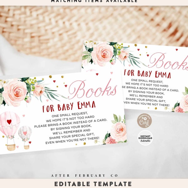 EDITABLE Floral Hot Air Balloon Valentine Day Heart Books For Baby Ticket Insert Printable Template Instant Download 821V1