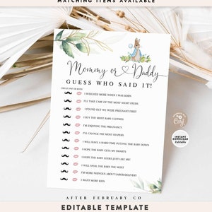 May include: A printable baby shower game with a pink and blue color scheme. The game is called "Mommy or Daddy? Guess Who Said It!" and features a list of statements about pregnancy and parenting.  The game includes a pink lips and a mustache icon to circle for each statement.