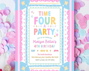 Girl Time FOUR a Party 4th Birthday Whimsical Frame Hand-Drawn Vintage Photo Invitation Invite Digital Template 873K3 (4-1)