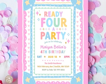 Invito fotografico per il 4° compleanno con ragazza vintage disegnata a mano e spiritosa, modello 873K3 (4)