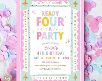 Whimsical Frame Vintage Girl Ready FOUR a Party 4th Birthday Photo Invitation Invite Template 873K2 (4-1)