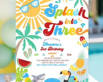 Zaproszenie na 3. urodziny Splash into Three: szablon zaproszenia na plażę i basen dla chłopców 751K2 (3)