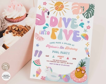 Editable Dive into FIVE Pool Party 5th Birthday Invitation Tropical Girly Swimming Pool Splash Pad Party Invite Digital Template 329K1 (5)