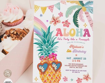 Edytowalny W DOWOLNYM WIEKU Hawajskie Aloha Ananasowe Zaproszenie Urodzinowe Dziewczyna Tropikalne Hawaje Zaproszenie Urodzinowe Cyfrowy Szablon Do Pobrania 1551K1 (4)