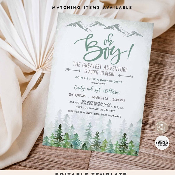 EDITABLE Adventure Baby Shower Invitation Oh Boy Mountain Outdoor Tree Baby Brunch Luncheon Invites Template Instant Download 540V1 (4)