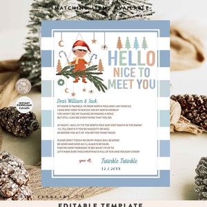 EDITÁVEL MENINO Elf Carta de primeira chegada Modern Blue Boy Elf Letter Primeira vez Elf Carta de chegada Modelo para impressão Download instantâneo 245 (4-7)