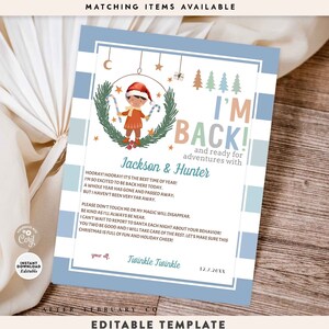 EDITABLE BOY Elf Blue Bienvenido de nuevo Estoy de vuelta Carta Modern Sleigh Elf Boy Letter Boho Elf Back Letter Plantilla Descarga instantánea 245 (5-8)