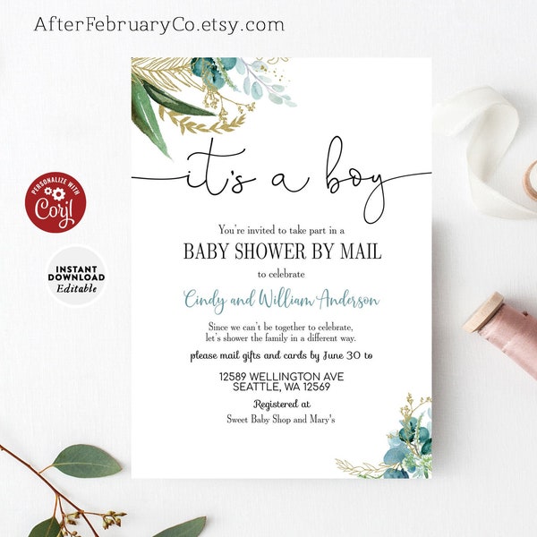 EDITABLE Baby Shower By Mail Invitation Greenery Gold Simple Modern Blue Green Virtual It's A Boy Invites Template Instant Download 199