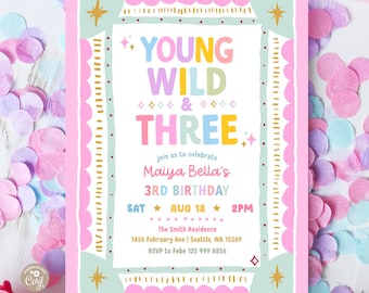 Whimsical Frame Vintage Girl Young Wild and Three 3 3rd Birthday Photo Invitation Invite Template 873K2 (3-2)