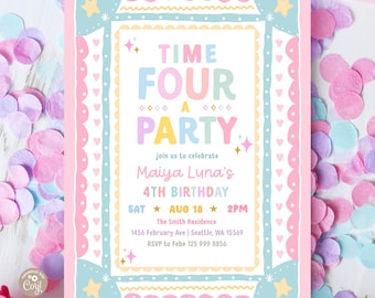 Whimsical Frame Hand-Drawn Pastel Girl Time FOUR a Party 4th Birthday Photo Invitation Invite Template 873K4 (4-1)
