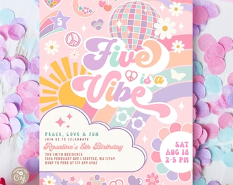 Invito per la festa di compleanno preppy per i 5 anni: Five is a Vibe Disco Invite Template 603K3 (5-1)