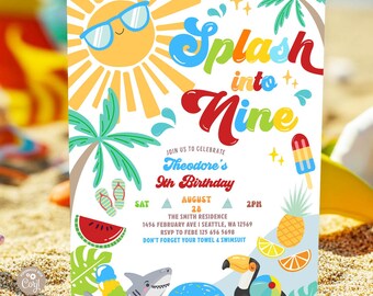Splash into Nine Boy 9th Birthday Invitation: Beach Pool Party Invite Template 751K2 (9)