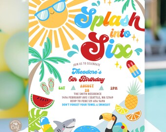 Splash into SIX Boy 6th Birthday Invitation: Beach Pool Party Invite Template 751K2 (6)