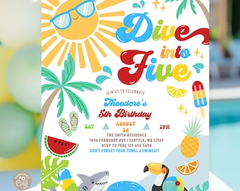 Dive into FIVE Boy 5th Birthday Invitation: Beach Pool Party Invite Template 751K2 (5)
