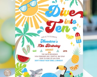 Splash into TEN Boy 10th Birthday Invitation: Beach Pool Party Invite Template 751K2 (10)