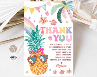 Edytowalna kartka z podziękowaniami Hula Pineapple: Tropical Aloha Party (szablon cyfrowy) 1551K1