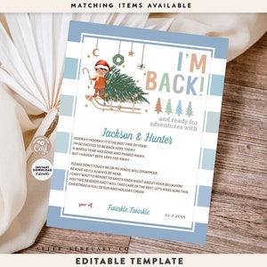 EDITABLE BOY Elf Blue Bienvenido de nuevo Estoy de vuelta Carta Modern Sleigh Elf Boy Letter Boho Elf Back Letter Plantilla Descarga instantánea 245 (5-10)