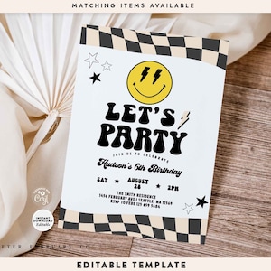 Editable ANY AGE Boy Smile Face Let's Party Birthday Invitation Boy 5th 6th 7th 8th Birthday Invite Black White Digital Template 104K1 (5)