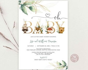 EDITABLE Woodland Baby Shower Invitation Gender Neutral Boy Deer Greenery Forest Animal Baby Shower Invite Printable Instant Download 1284V1