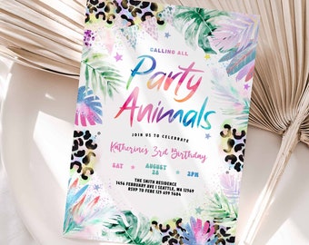 May include: A colorful invitation for a 3rd birthday party with a jungle theme. The invitation features a watercolor background with tropical leaves, animal print, and stars. The text reads "Calling all Party Animals" and "Katherine's 3rd Birthday".