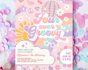 Groovy Preppy Girl 4 Ever Groovy 4th Birthday Invitation Invite Template 603K3 (4)