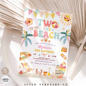Bearbeitbare ZWEI Strandparty Einladung zum 2. Geburtstag Girly Sommer-Geburtstag Strandparty einladen Digitale Vorlage Sofortiger Download 35K1 (2)