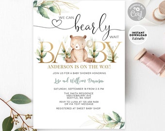EDITABLE Greenery Gold We Can Bearly Wait Teddy Bear Baby Shower Invitation Gender Neutral Reveal Invite Template Instant Download 1305V1 (2