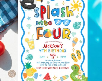 Boy Splash into FOUR 4th Birthday Toucan Dino Dinosaur Pool Party Invitation Invite Template 328K2 (4-1)